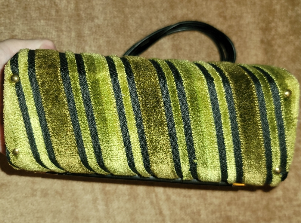 Vintage Crown Lewis Purse 1960's Velour Velvet Earth Tones Vinyl Handles Brass - Picture 3 of 10